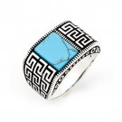 925 Sterling Silver Mens Genuine Turquoise Greek Key Meander Handmade Ring