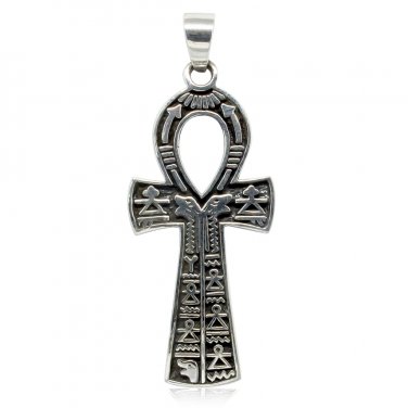 925 Sterling Silver Hieroglyphics Cartouche Pharaoh Ankh Cross Egypt Revival Pendant