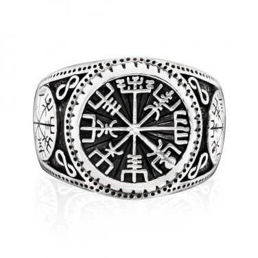 925 Sterling Silver Vegvisir Compass Signet Icelandic Aegishjalmur Viking Norse Ring