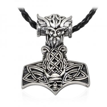 925 Sterling Silver Viking Odin Thor Hammer Mj&Atilde;&para;lnir Mjolnir Skull Norse Pendant