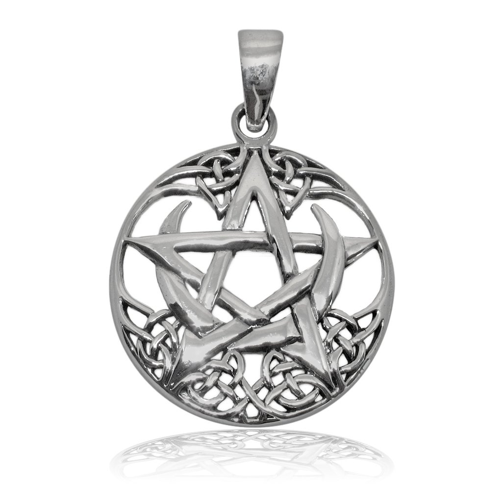 925 Sterling Silver Celtic Pagan Pentagram Crescent Moon Round Charm ...