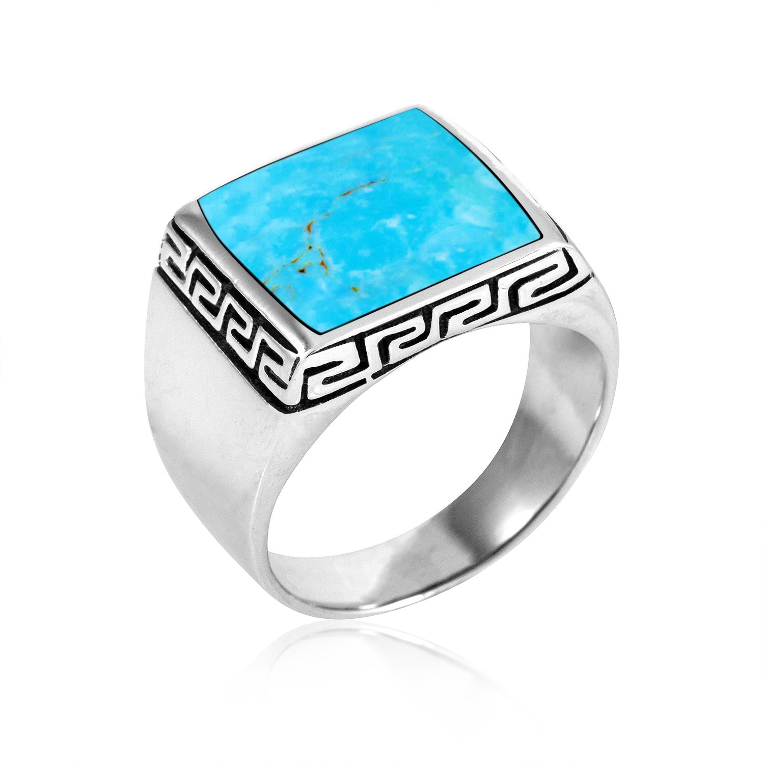 925 Sterling Silver Mens Square Turquoise Greek Key Meander Meandros Band Ring