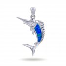 925 Sterling Silver Hawaiian Blue Inlay Opal Swordfish Fish Sea Charm Pendant