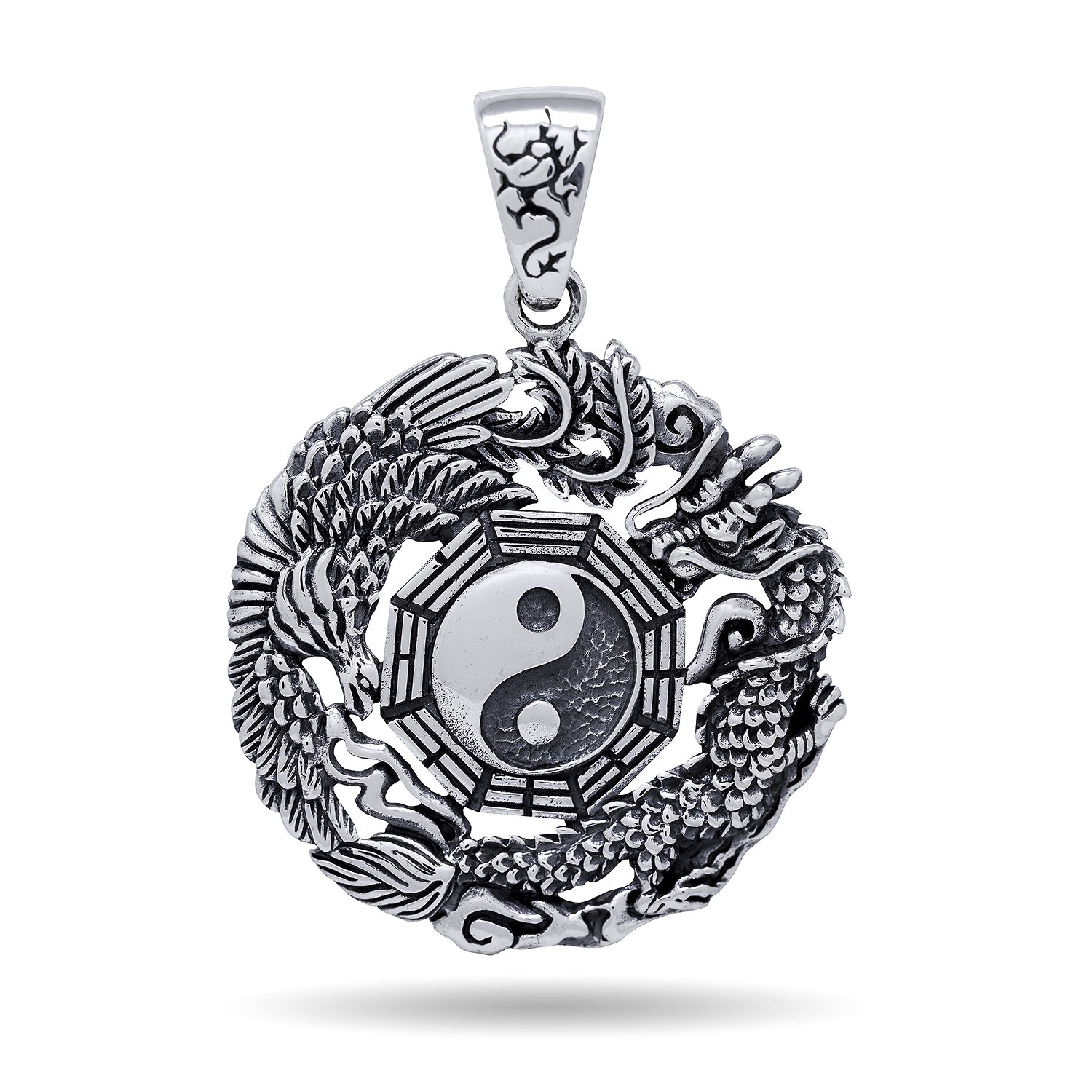 925 Sterling Silver Yin Ying Yang Chinese Dragon Big Bird Mystic Jewelry Pendant