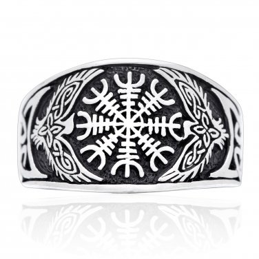 925 Sterling Silver Viking Raven Magical Staves Aegishjalmur Helm of Awe Celtic Knotwork Ring