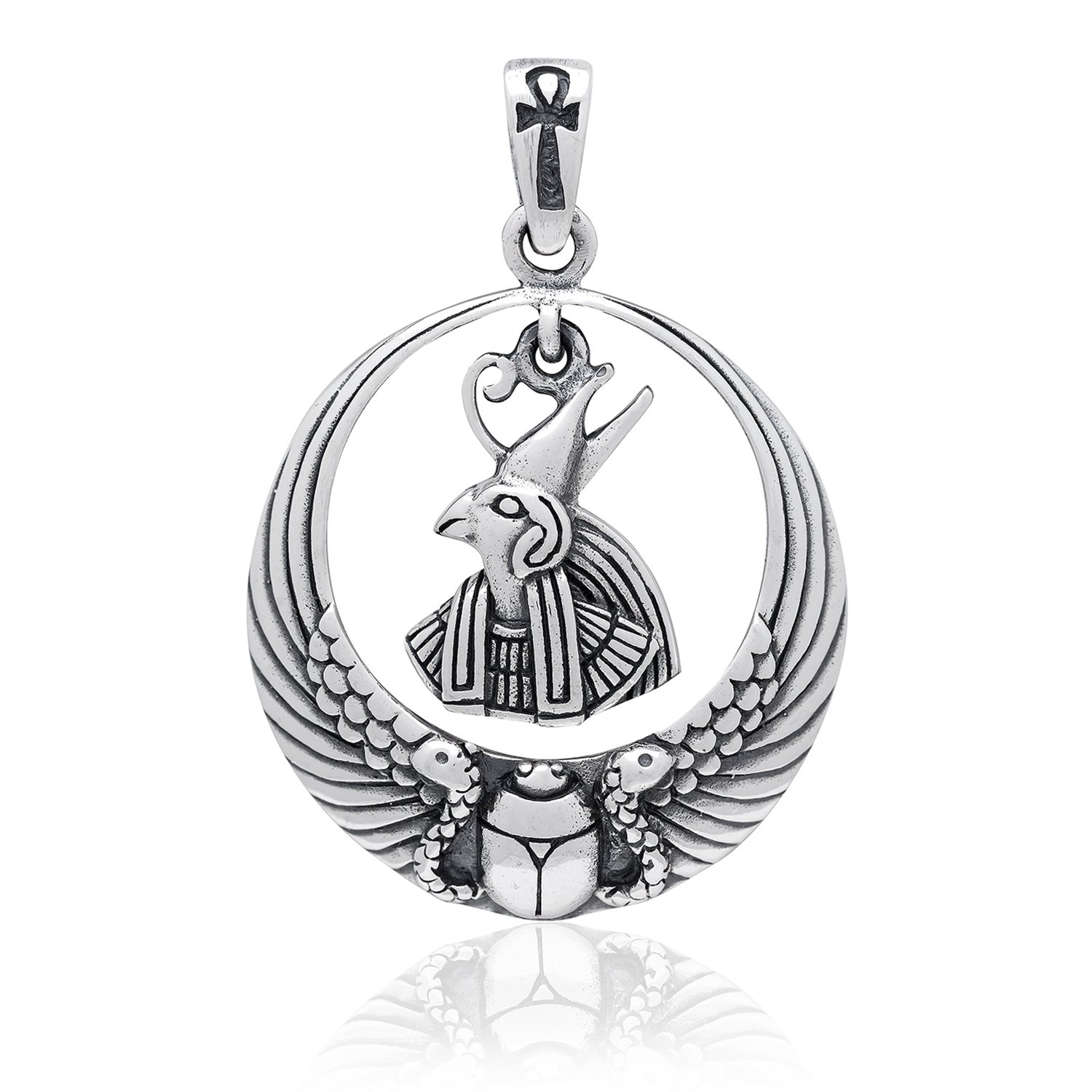 925 Sterling Silver Egyptian Sky God Horus Figure Falcon Ankh Scarab Wings Pendant