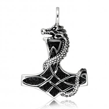 925 Sterling Silver Thor Hammer Mjolnir Viking Jormungand Dragon Solid Pendant