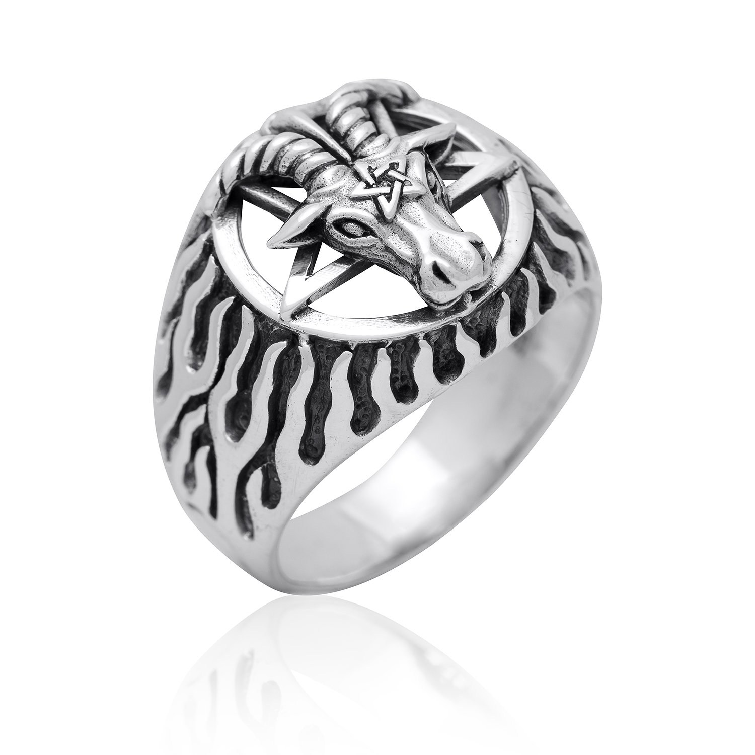Sterling Silver Sigil of Baphomet Pentagram Horned Sabbatic Goat of Mendes Ram Satan Occult Ring