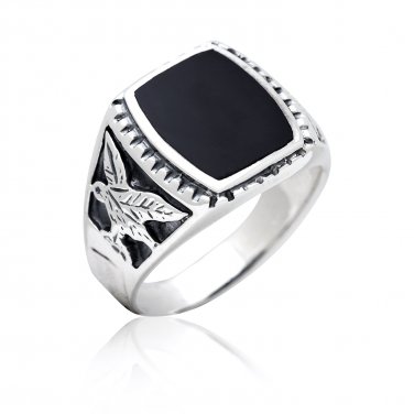 925 Sterling Silver Men's German Eagle Black Genuine Onyx Ring
