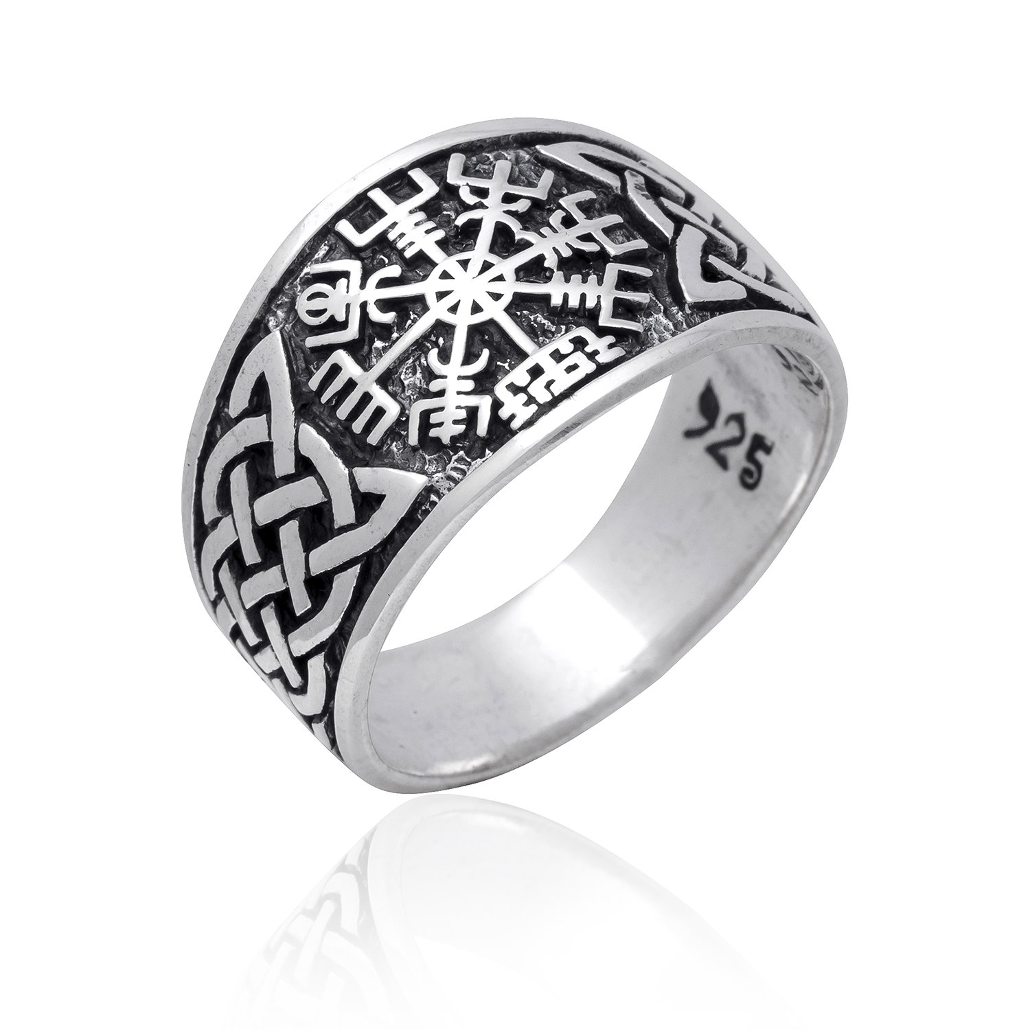 925 Sterling Silver Viking Vegvisir Norse Compass Asatru Knotwork Solid Ring