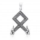925 Sterling Silver Viking Othala Odal Rune Wolf Heads with Knotwork Pendant