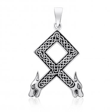 925 Sterling Silver Viking Othala Odal Rune Wolf Heads with Knotwork Pendant