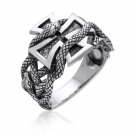 925 Sterling Silver Iron Cross Snake Serpent Masonic Biker Handcrafted Ring