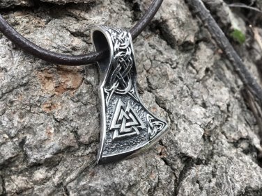 925 Sterling Silver Viking Valknut Triquetra Knotwork Perun Axe Double Sided Pendant