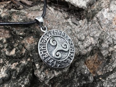 925 Sterling Silver Celtic Triskele Triskelion Viking Norse Runes Futhark Pendant