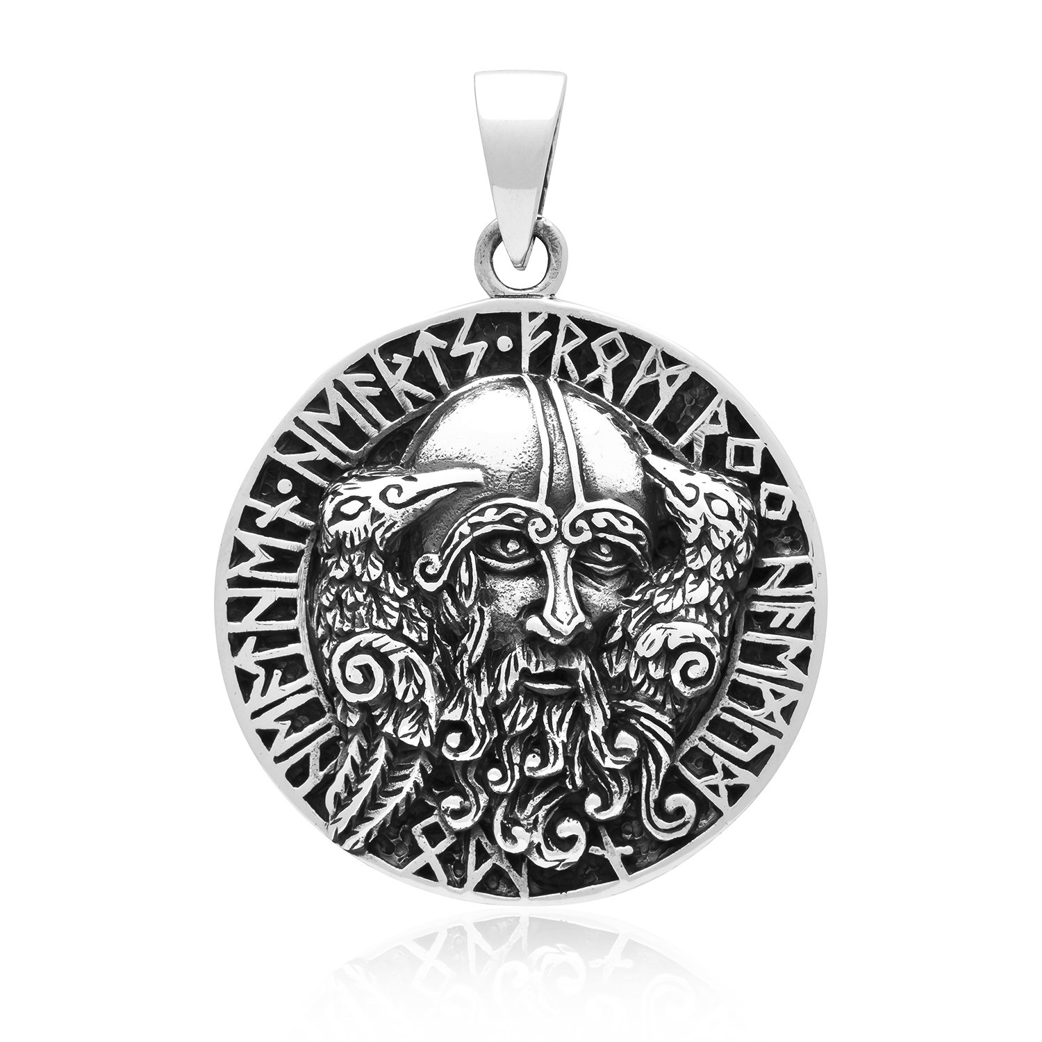 925 Sterling Silver Viking Odin Huginn and Muninn Raven Runes Amulet Pendant