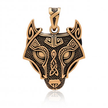 Handcrafted Bronze Viking Wolf Fenrir Head Norse Knotwork Amulet Pendant