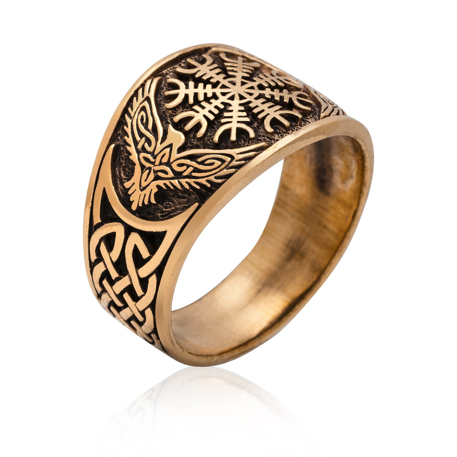 Bronze Viking Raven Helm of Awe Norse Aegishjalmur Knotwork Ring