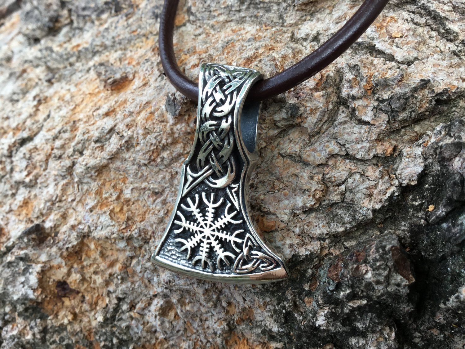 925 Sterling Silver Viking Helm of Awe Aegishjalmur Knotwork Perun Axe Double Sided Amulet Pendant