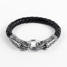 Stainless Steel Viking Dragon Jormungand with Black Braided Leather Bracelet