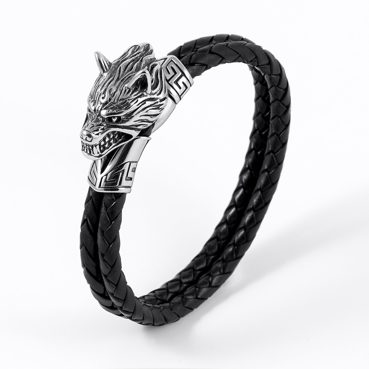 Stainless Steel Viking Fenrir Wolf Head with Black Braided Leather Bracelet