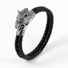 Stainless Steel Viking Fenrir Wolf Head with Black Braided Leather Bracelet