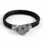 Stainless Steel Viking Fenrir Wolf Head with Black Braided Leather Bracelet