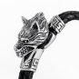 Stainless Steel Viking Fenrir Wolf Head with Black Braided Leather Bracelet
