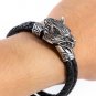 Stainless Steel Viking Fenrir Wolf Head with Black Braided Leather Bracelet