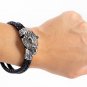 Stainless Steel Viking Fenrir Wolf Head with Black Braided Leather Bracelet