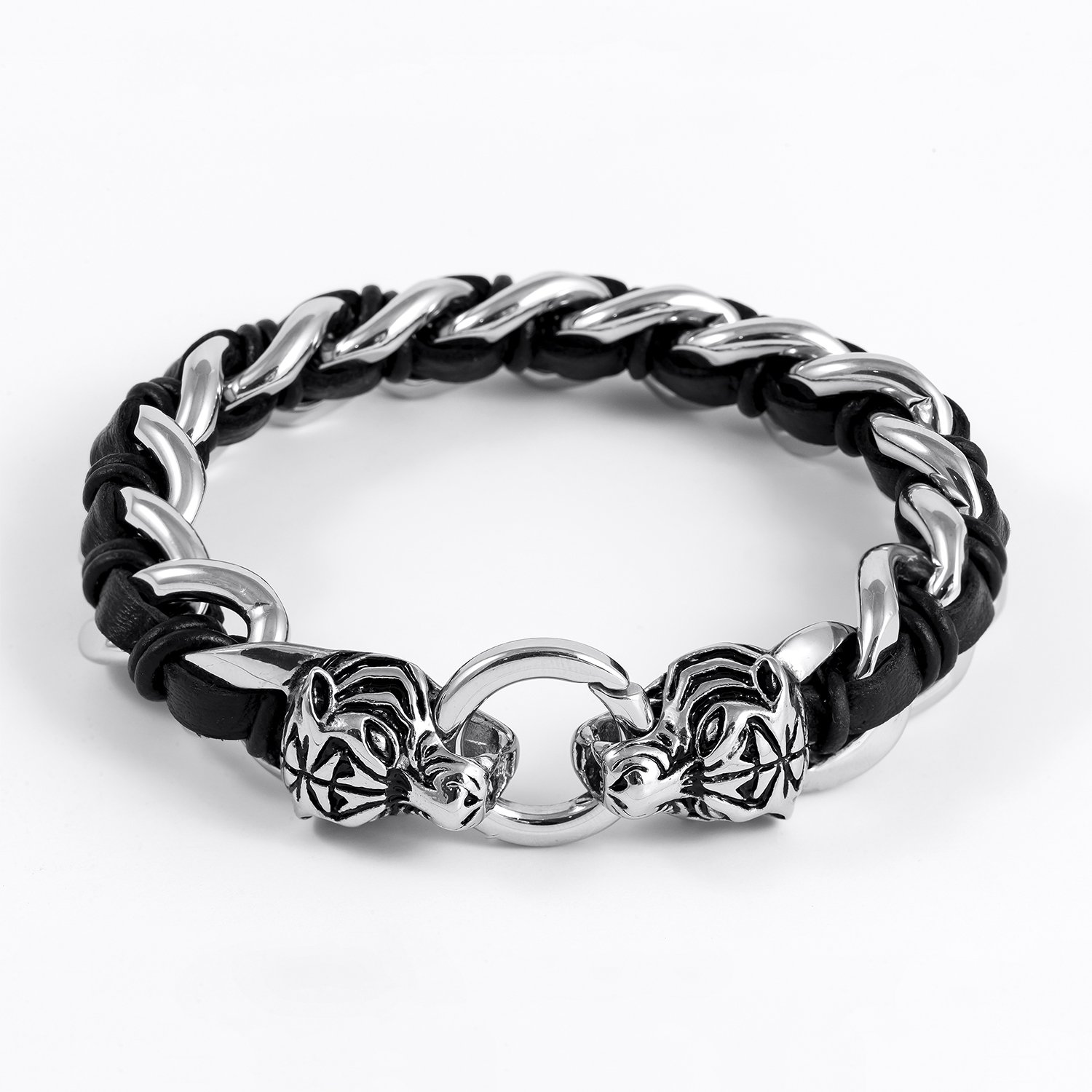 Stainless Steel Viking Tiger Head with Black Leather Curb Chain Biker Bracelet