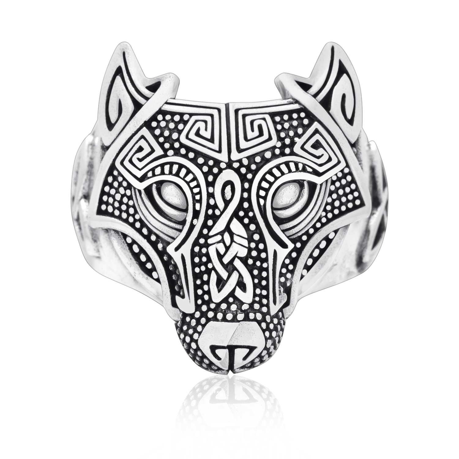 925 Sterling Silver Viking Wolf Fenrir Head Norse Celtic Triquetra Ring