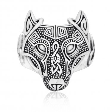 925 Sterling Silver Viking Wolf Fenrir Head Norse Celtic Triquetra Ring