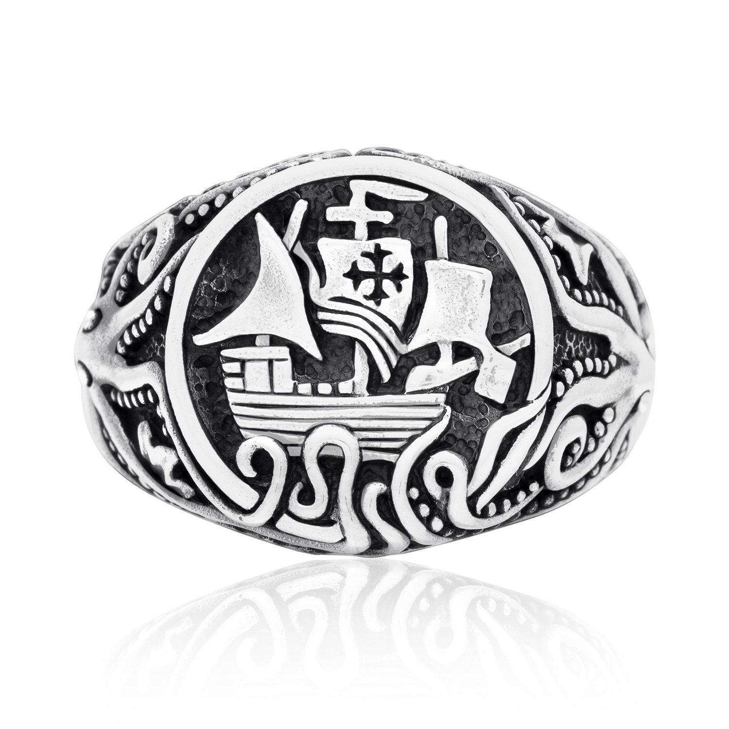 925 Sterling Silver Viking Drakkar Ship Norse Monster Octopus Signet Ring