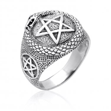925 Sterling Silver Ouroboros Snake Serpent Eating Tail Pentagram Masonic Ring