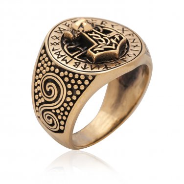 Handcrafted Bronze Viking Thor Hammer Mj&Atilde;&para;lnir Mjolnir Futhark Norse Runes Runic Ring