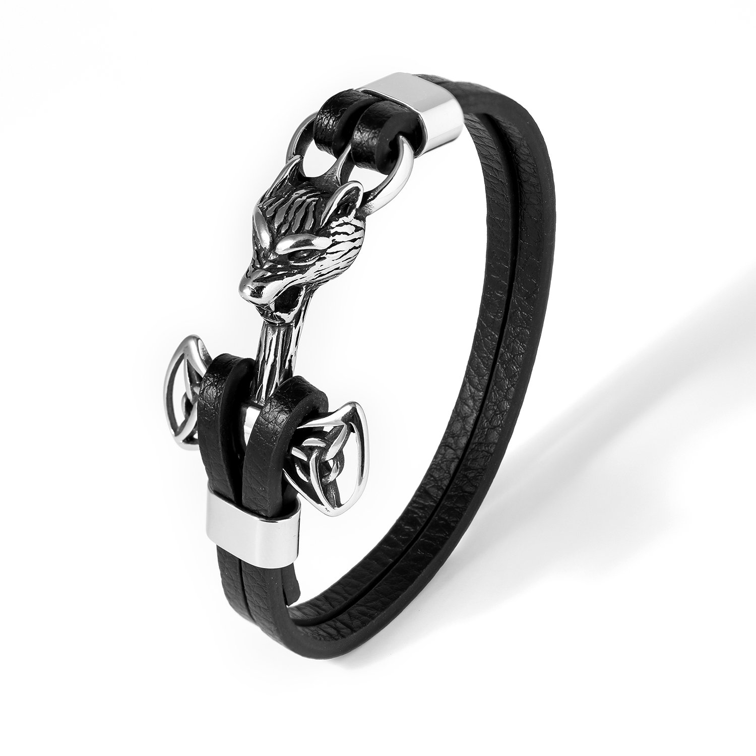 Stainless Steel Viking Thor Hammer Mjolnir Fenrir Wolf Black Leather Bracelet
