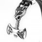 Stainless Steel Viking Thor Hammer Mjolnir Fenrir Wolf Black Leather Bracelet