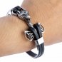 Stainless Steel Viking Thor Hammer Mjolnir Fenrir Wolf Black Leather Bracelet