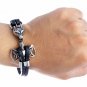 Stainless Steel Viking Thor Hammer Mjolnir Fenrir Wolf Black Leather Bracelet