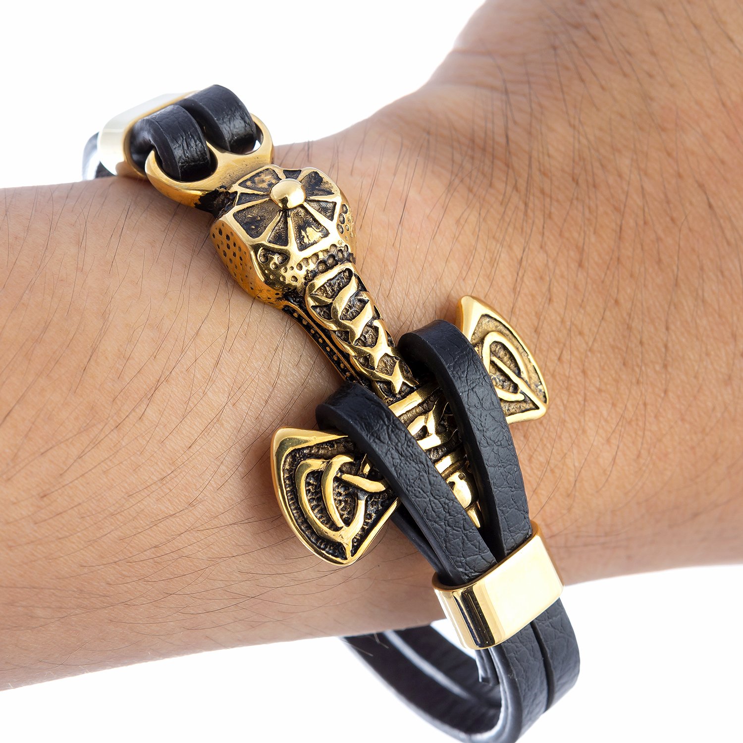 Gold Plated Stainless Steel Viking Thor Hammer Mjolnir Black Leather Bracelet