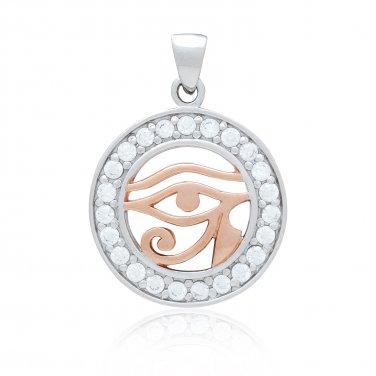 925 Sterling Silver with Rose Gold Plated Egyptian Eye of Horus Ra and Cubic Zirconia Charm