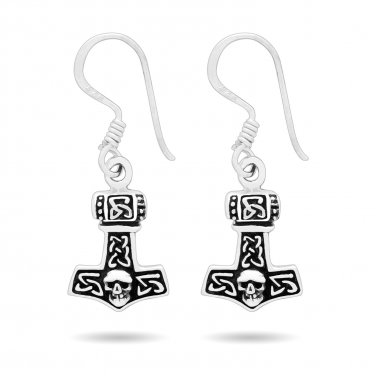 925 Sterling Silver Viking Thor Hammer Mjolnir Skull Dangle Earrings Set