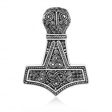 925 Sterling Silver Thor Hammer Mjolnir Viking Mammen Style Knotwork Pendant