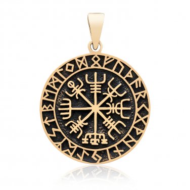 Handcrafted Bronze Vegvisir Viking Compass Runes Futhark Amulet Pendant