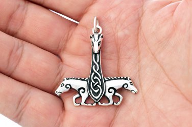 925 Sterling Silver Viking Horse Sleipnir Thor Hammer Norse Amulet Pendant
