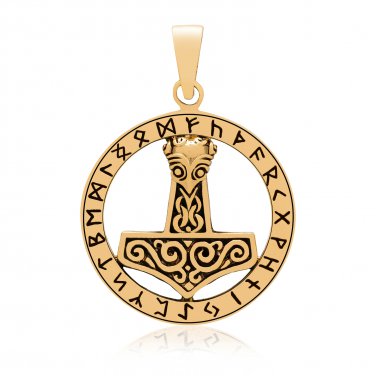 Handcrafted Bronze Thor Hammer Mjolnir Runes Viking Jewelry Charm Pendant