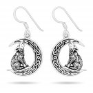 925 Sterling Silver Viking Wolf Fenrir on Crescent Moon with Knotwork Earrings Set