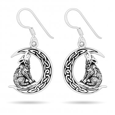 925 Sterling Silver Viking Wolf Fenrir on Crescent Moon with Knotwork Earrings Set