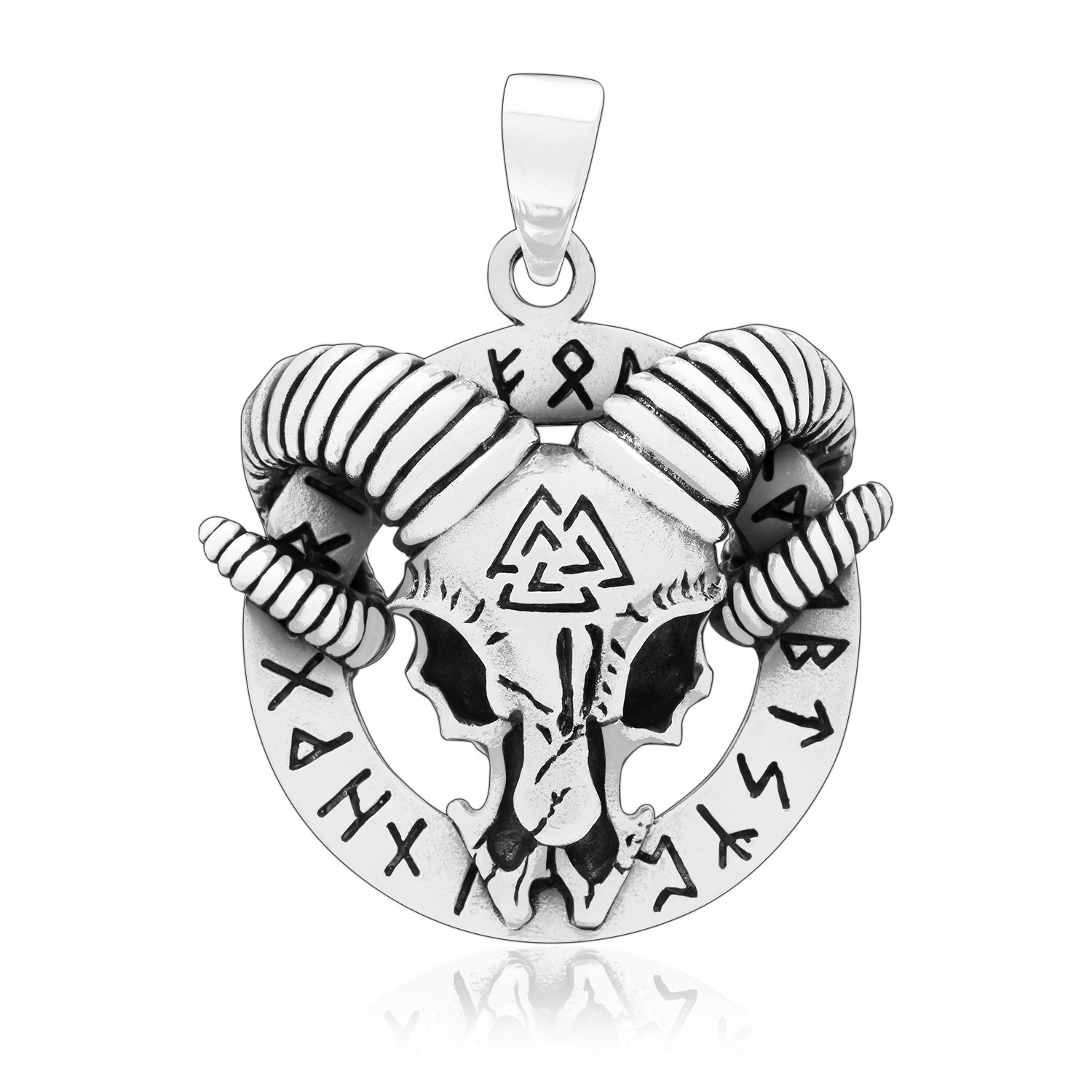 925 Sterling Silver Viking Ram Goat Skull Head Valknut Runes Pendant